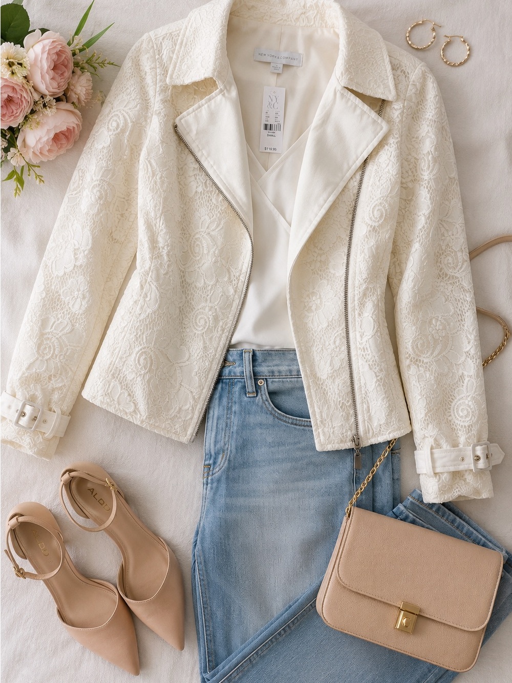 NWT New York & Company Ivory Lace Moto Jacket Small Feminine Chic